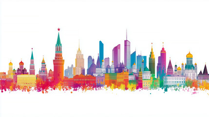 Fototapeta premium Vibrant silhouette of Moscow city skyline with colorful architectural landmarks