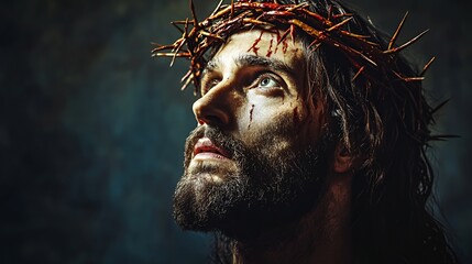 Close-up of a man with a crown of thorns, looking upwards, with blood on his face.