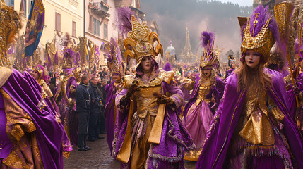 Naklejka premium Vibrant Fasching Celebration: A Festive Tapestry of Colorful Costumes in Austria's Winter Carnival