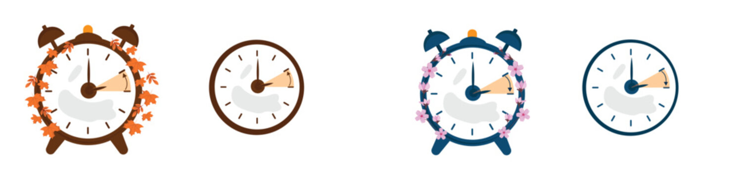 Daylight Saving Time clock change icon set. Spring forward, fall back dst icons vector illustration