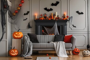 Cozy living room with gray sofa, white throw blanket, gray pillow, black fireplace, white mantle, black spider web decoration, two orange pumpkins, gray rug, Halloween decorations, black bats,