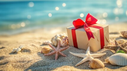 Gift box on sunny sandy beach with shells starfish for holiday closeup view - Powered by Adobe