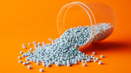 Fototapeta premium Polymer granules, often used in 3D printing, pour from a glass onto an orange backdrop. The granules are made of polypropylene and are used to create various plastic products