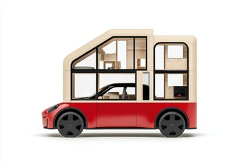 A colorful toy van with an open design, showcasing an imaginative interior. Perfect for children's play and creative inspiration.