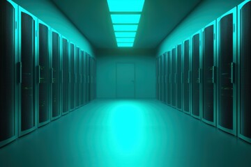 Fototapeta premium A modern server room featuring rows of servers under cool teal lighting, showcasing a sleek, high-tech atmosphere.