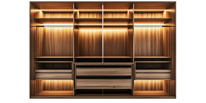 Modern wooden cabinetry with warm lighting, showcasing sleek storage options in a contemporary interior design setting