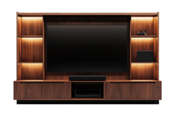 Modern wooden television unit with integrated shelving and soft lighting in a contemporary living room setting