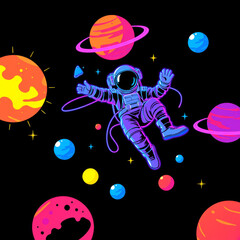 Naklejka premium Weltraum-Erlebnis mit Astronaut und bunten Planeten