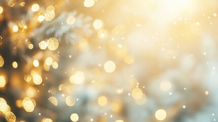 Defocused golden bokeh lights with warm holiday glow. Banner. copy space