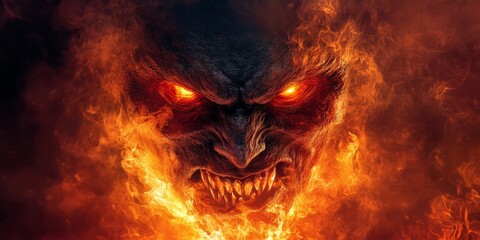 Fototapeta premium Fierce fire demon engulfed in flames with glowing eyes in dark realm