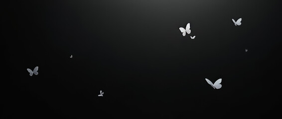 Weiße Schmetterlinge tanzen vor schwarzem Hintergrund