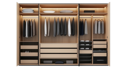 Modern wooden wardrobe with neatly organized clothing and accessories in a contemporary living space