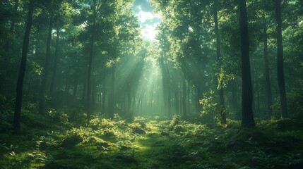 Fototapeta premium A sunbeam shines through the canopy of a dense, green forest, illuminating a path through the woods.