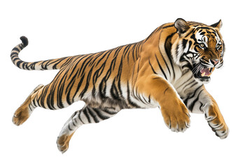 Fototapeta premium A powerful tiger leaps through the air in a striking display of agility and strength, showcasing its natural instincts and beauty