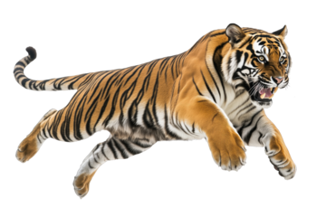 A powerful tiger leaps through the air in a striking display of agility and strength, showcasing its natural instincts and beauty