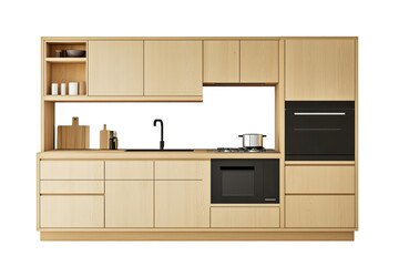 Modern minimalist kitchen design showcasing wooden cabinets and contemporary appliances in a bright, functional layout