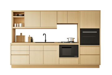 Modern minimalist kitchen design showcasing wooden cabinets and contemporary appliances in a bright, functional layout
