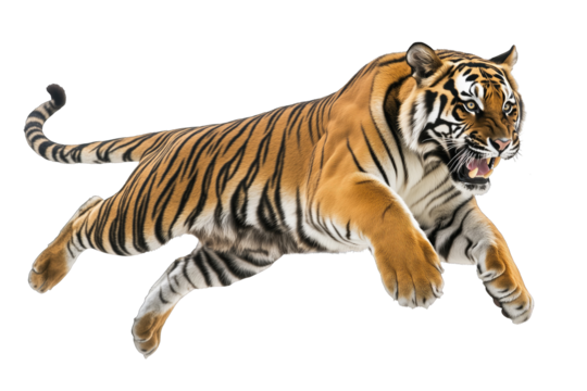A powerful tiger leaps through the air in a striking display of agility and strength, showcasing its natural instincts and beauty