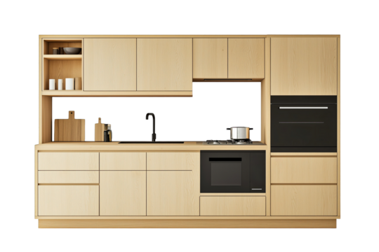 Modern minimalist kitchen design showcasing wooden cabinets and contemporary appliances in a bright, functional layout