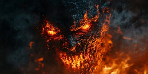 Fototapeta premium Fierce fire demon engulfed in flames with glowing eyes in dark realm