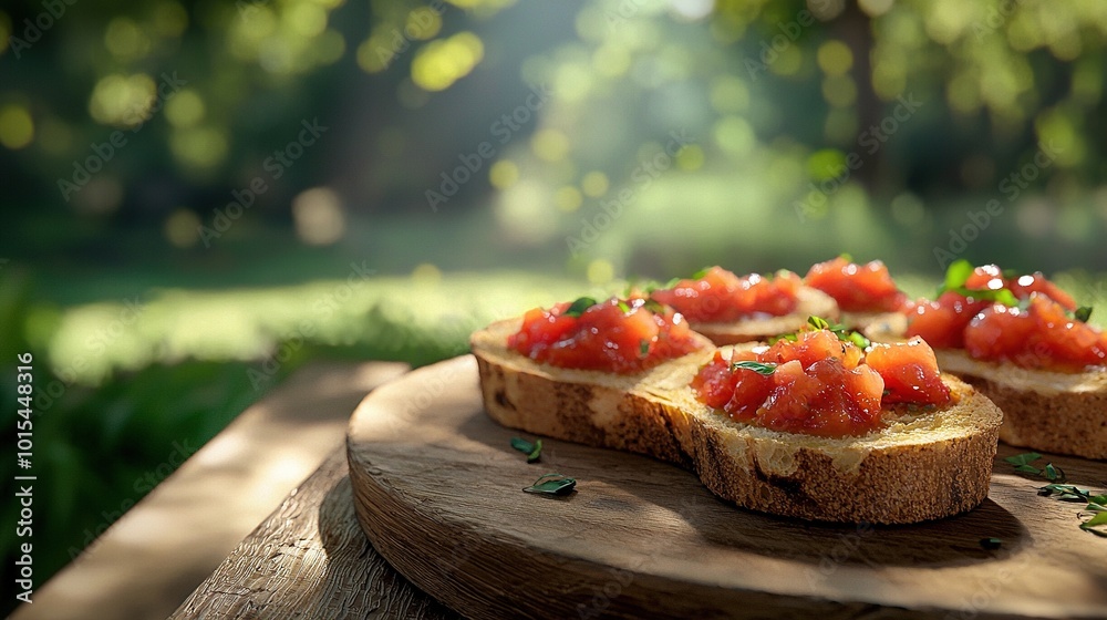 Sticker   Close-up of bread with tomatoes on wooden table amidst trees