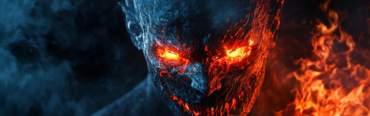 Fototapeta premium Fierce fire demon engulfed in flames with glowing eyes in dark realm