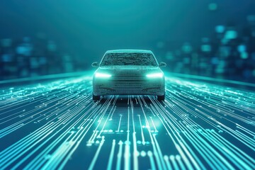 Futuristic car with digital effects, conveying speed and innovation, on a blue background.