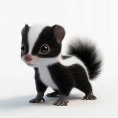 Fototapeta premium A cute cartoon baby skunk with a white stripe on its forehead stands on a white background.