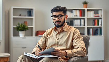 Fototapeta premium Portrait of young Middle Eastern psychologist sitting on chair in his office taking notes in notebook, copy space isolated with white highlights, png