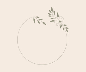 Ramka z botanicznym motywem w prostym stylu z listkami i kwiatami - zaproszenia ślubne, gratulacje, baby shower, pocztówki, kartki urodzinowe, kartki z życzeniami, dzień kobiet. © Monika