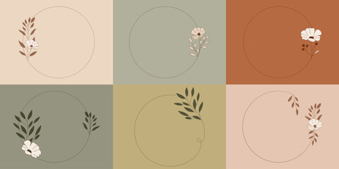 Szablony ramek z botanicznym motywem w prostym stylu z listkami i kwiatami - zaproszenia ślubne, gratulacje, baby shower, pocztówki, kartki urodzinowe, kartki z życzeniami, dzień kobiet. © Monika