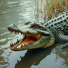 Obraz premium Sonnenbadender Krokodil in ruhigem Gewässer