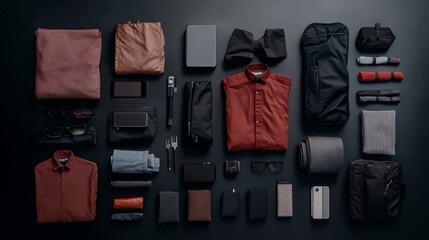 A wide-angle view displays an organized array of travel items, including neatly folded clothes, electronic devices, and essentials, suggesting thorough security inspection for air travel