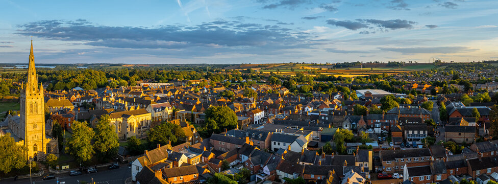 Aerial view of All saint church in Oakham, a market town and civil parish in Rutland in the East Midlands of England