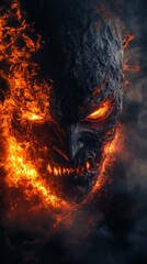 Fierce fire demon engulfed in flames with glowing eyes in dark realm