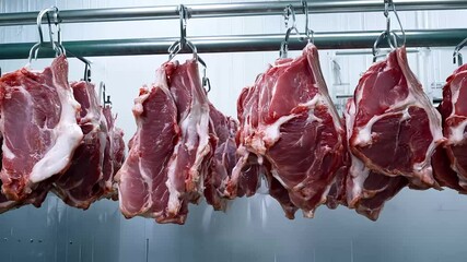 fresh meat hanging large metal hooks inpristine white room highlighting reality butchering slaughtering processes withincold storage environment industry pig hook carcase hoist hooked food
