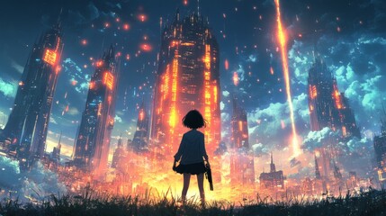 Anime girl with sword in futuristic neon cityscape with falling meteors