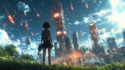 Anime girl with sword in futuristic neon cityscape with falling meteors