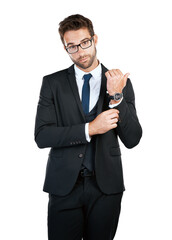 Naklejka premium Man, spy and portrait with confidence with professional, fashion and entrepreneur in studio. Executive suit, watch and job with glasses, style and corporate agent with white background and success