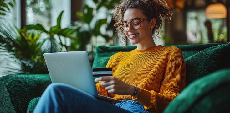 Happy woman shopping online at home with a laptop and credit card, enjoying a relaxing moment in a cozy living room