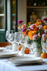 Festively set dining table with bouquets of fall flowers, decorative pumpkins and candlesFestively set dining table with bouquets of fall flowers, decorative pumpkins and candles