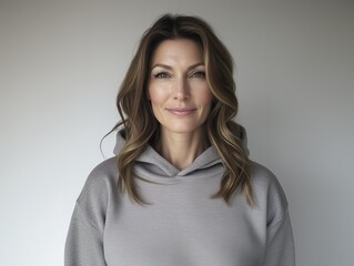 Obraz premium Casual Woman Smiling in a Gray Hoodie. Generative AI.