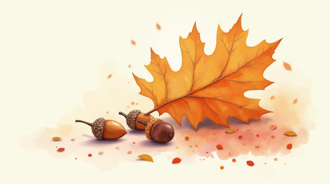 Ein gro&szlig;es, orangefarbenes Eichenblatt liegt im Zentrum des Bildes, umgeben von drei Eicheln und kleinen fallenden Bl&auml;ttern, die eine herbstliche Atmosph&auml;re schaffen.
