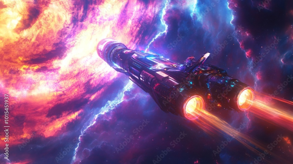 Aufkleber a sleek spacecraft navigates through a colorful cosmic environment filled with vibrant nebulae and g