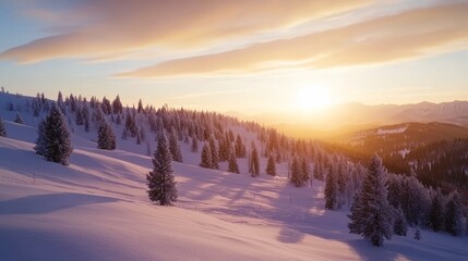 Fototapeta premium A pristine snowy landscape unfolds with scattered pine trees on rolling hills, illuminated by the soft light of a low sun, creating a tranquil winter mood