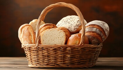 Assortment Of Fresh Bread In Wicker Basket On Wooden Table - Displaying A Variety Of Delicious Breads In A Rustic Setting.