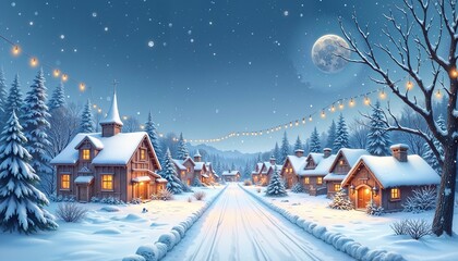 Fototapeta premium Charming snowy village street illuminated with festive lights under a starry night sky 