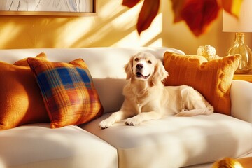 Obraz premium A golden retriever relaxing on a cozy white couch surrounded by autumn-themed decor in a sunlit living room