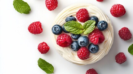  White cake with raspberry topping on green leaf-covered table