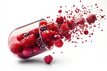 A colorful explosion of berries filling a transparent capsule with vibrant splashes in a bright...